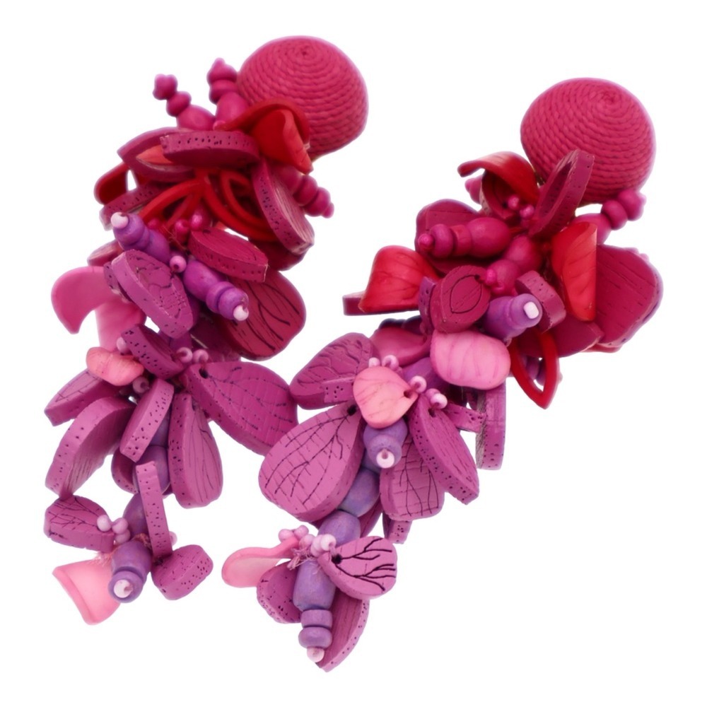 Oscar de la Renta Wooden Flower Cluster Clip Earrings Pink Purple Statement - Picture 2 of 5